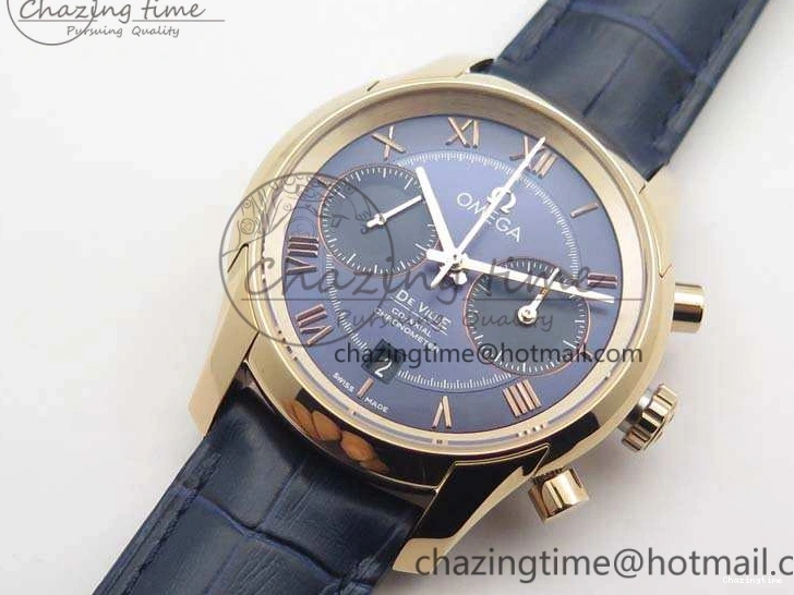 1230 QuickDry De Ville Chronograph RG OMF 1:1 Best Edition Blue Dial On Blue Leather Strap A 8107